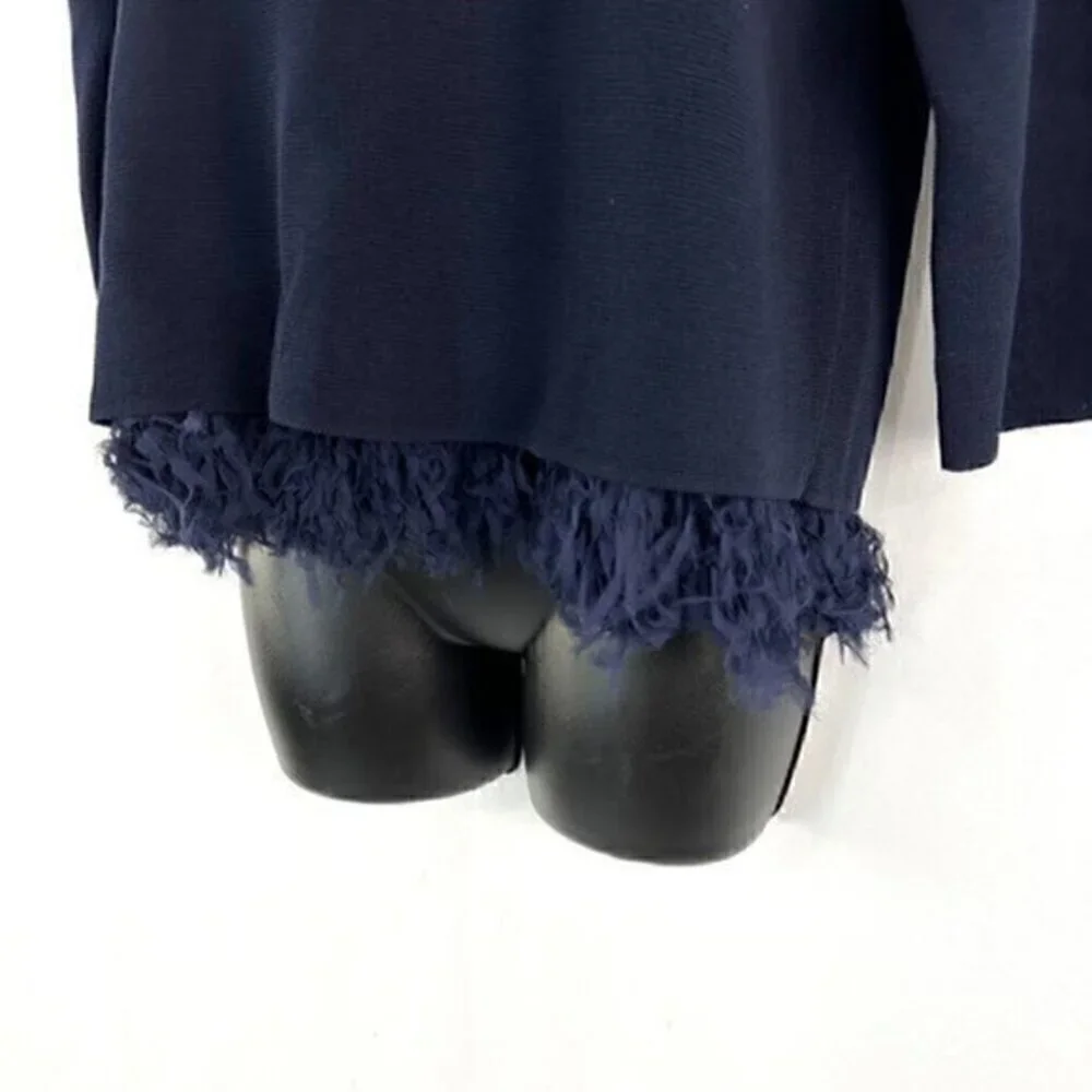 J. Crew Silk Laser Cut Chiffon Fringe 3/4 Sleeve Sweater Top Navy Blue Small‎